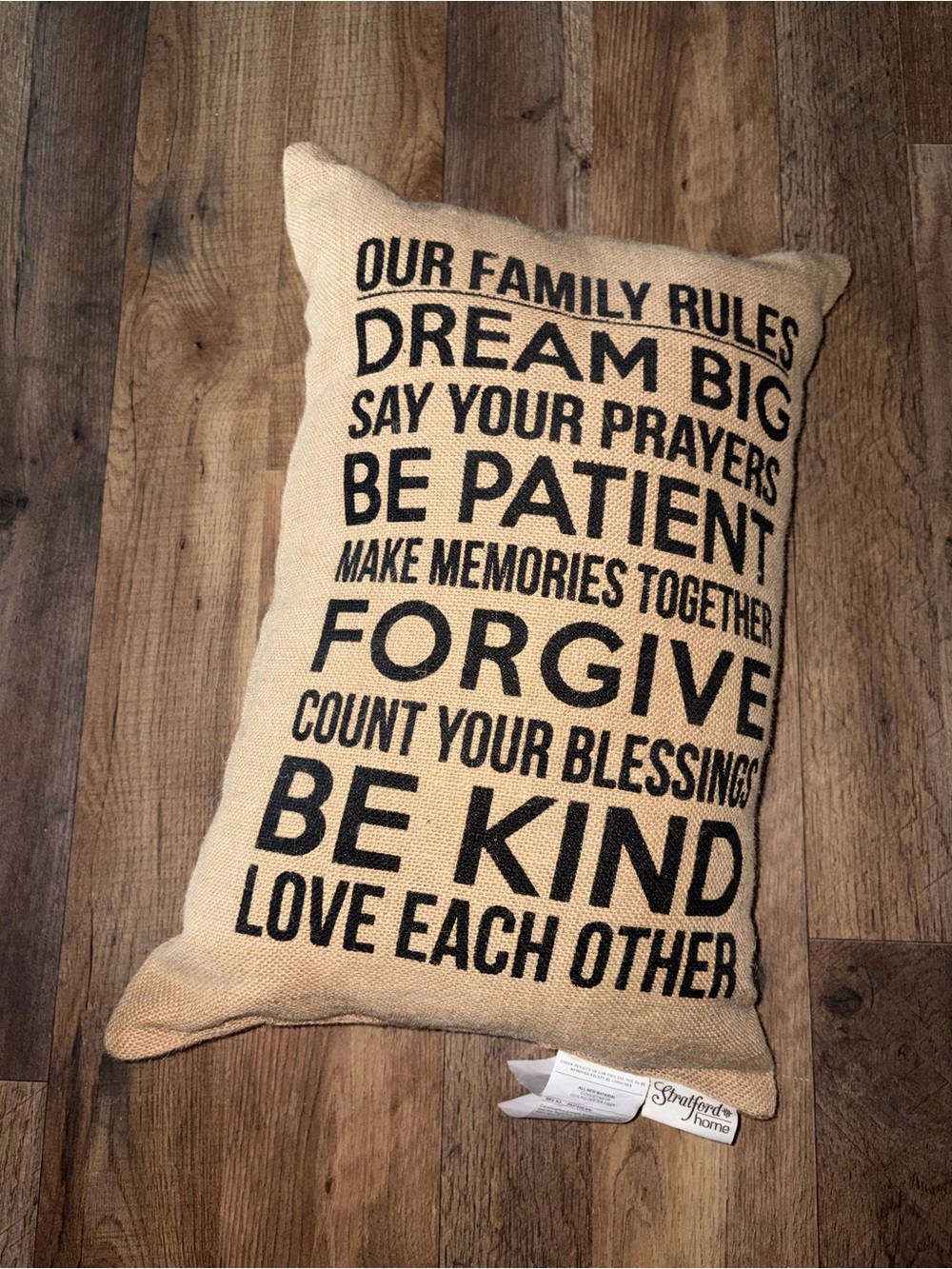 Inspirational Burlap Accent Pillow - Neutral Tan with Black Text